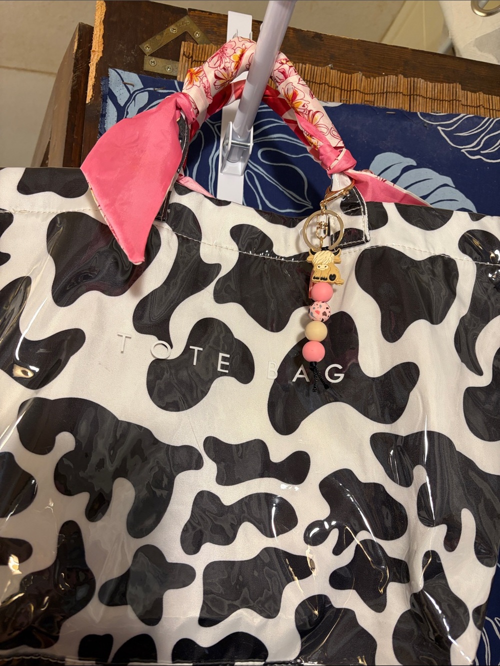 Cute Black & White Cow Print Tote with Pink Scarf Handle